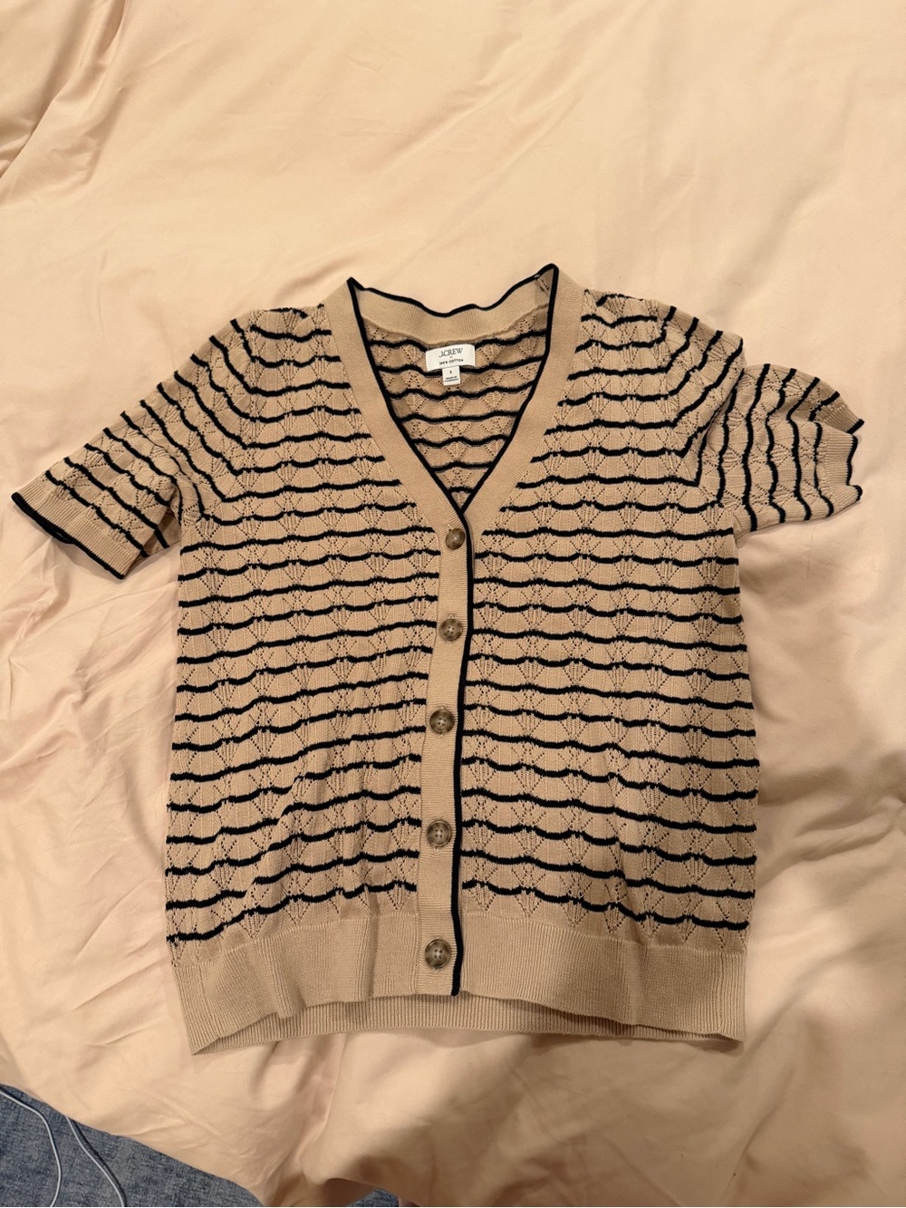 J. Crew Beige Short-Sleeve Knit Cardigan with Black Trim - Picture 4 of 6